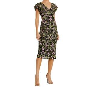 Mac Duggal Black Floral Embellished Flutter Cap Sleeve Dress Women’s Sz 6